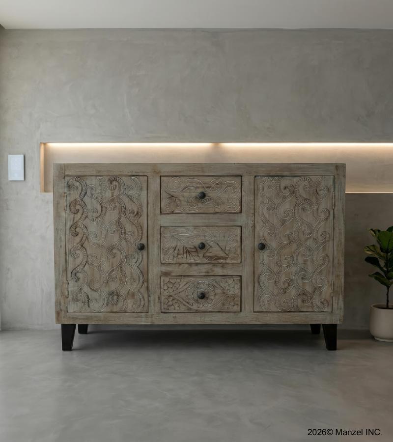 HAND CARVED SOLID WOOD  3 DRAWER & 2 DOOR SIDEBOARD