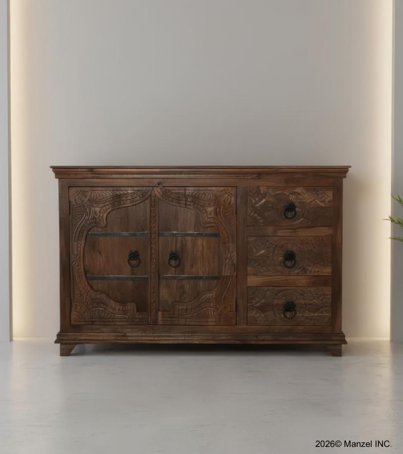HAND CARVED SOLID WOOD SIDEBOARD W/ 3 DRAWERS & 2 DOORS