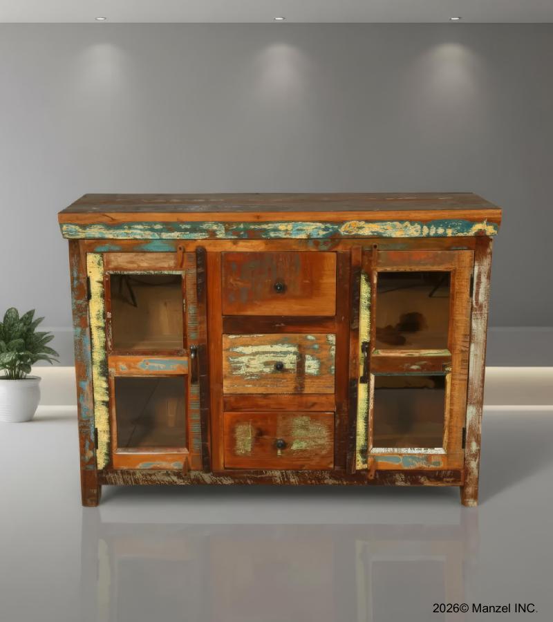 SOLID RECLAIMED TEAK WOOD SIDEBOARD W/ DRAWERS, DOORS & GLASS