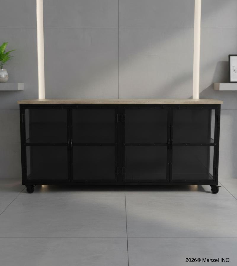 IRON & GLASS SIDEBOARD W/ SOLID WOOD TOP