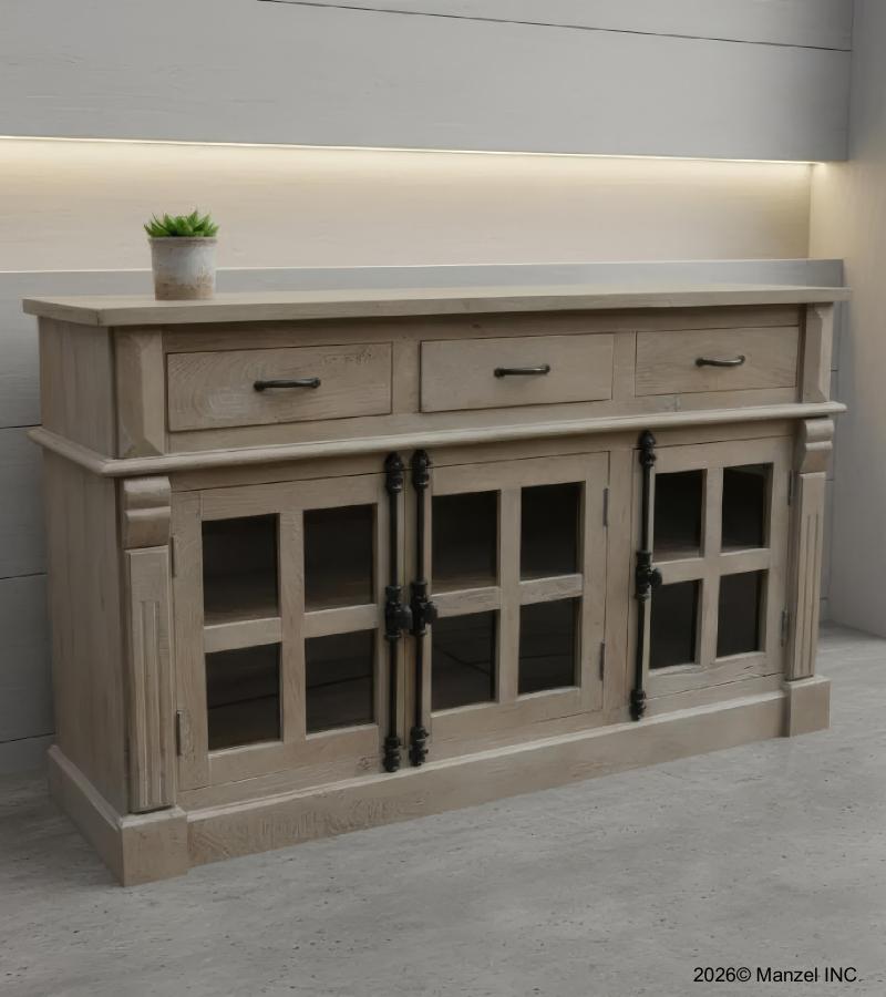 SOLID WOOD & GLASS SIDEBOARD W/ 3 DRAWERS & 3 DOORS