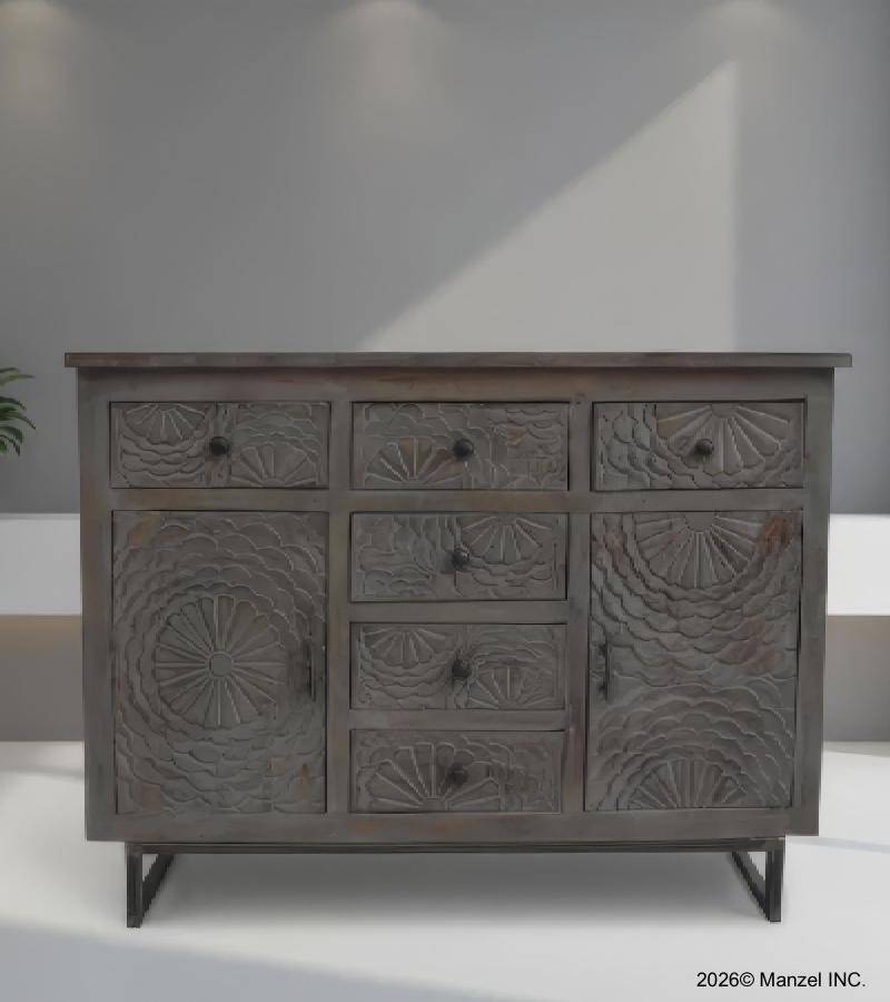 HAND CARVED SOLID WOOD 6 DRAWER & 2 DOOR SIDEBOARD