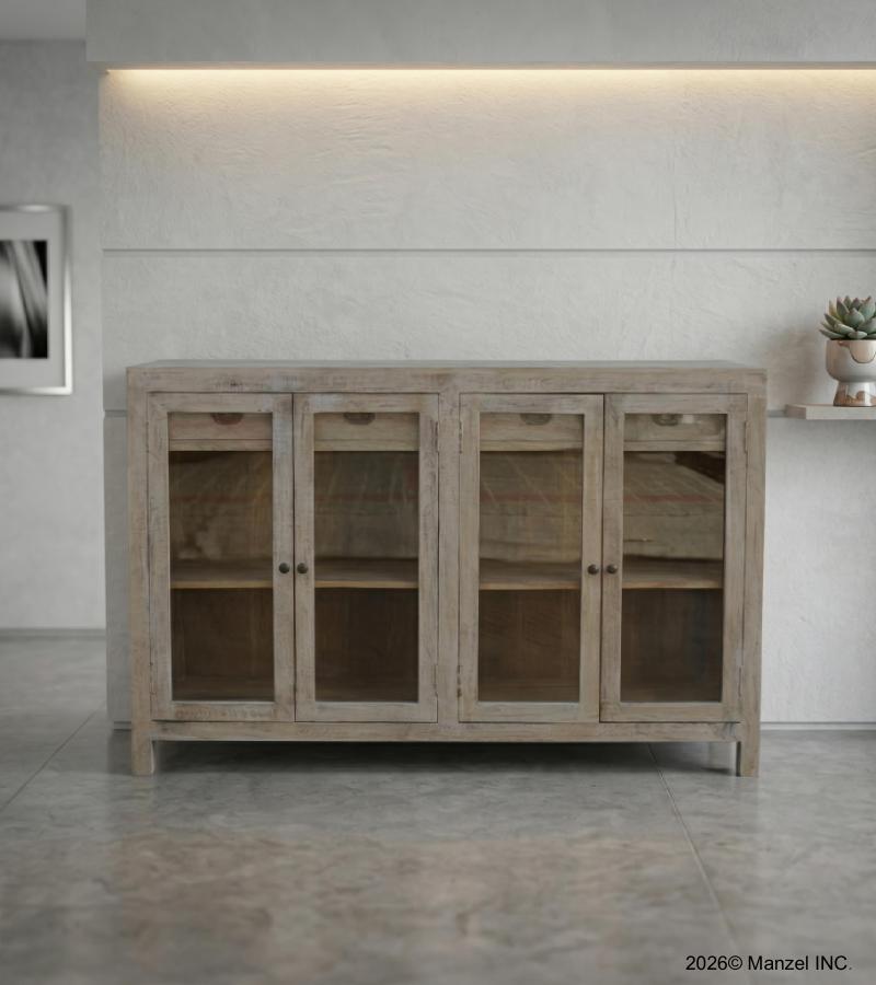 SOLID WOOD & GLASS 4 DOOR SIDEBOARD W/ DRAWERS