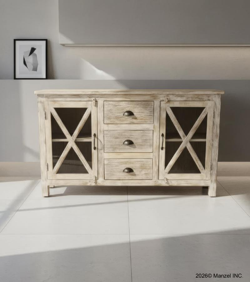 SOLID RECLAIMED TEAK WOOD & GLASS SIDEBOARD W/ DRAWERS & DOORS