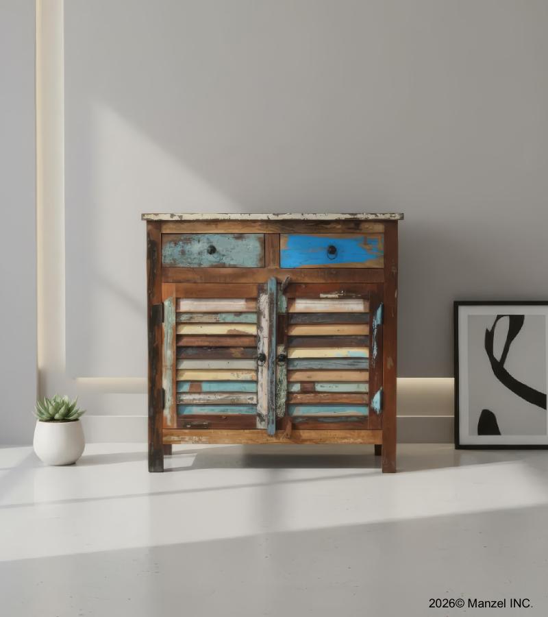 SOLID RECLAIMED TEAK WOOD CABINET W/ 2 DOORS & 2 DRAWERS
