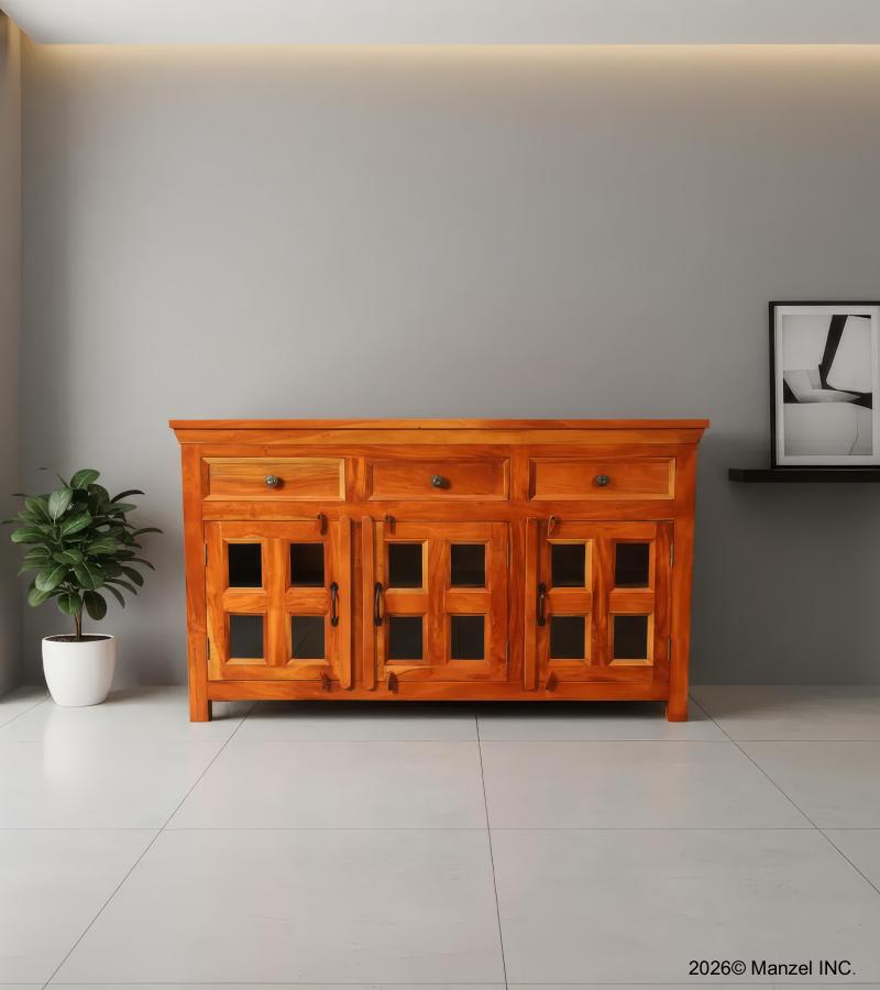 SOLID RECLAIMED TEAK & GLASS 3 DOOR, 3 DRAWER  CABINET CONSOLE SIDEBOARD