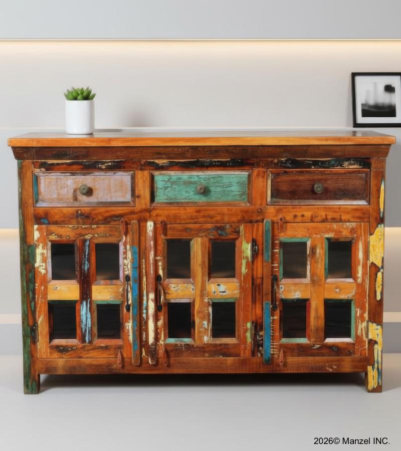 SOLID RECLAIMED TEAK & GLASS 3 DOOR, 3 DRAWER  CABINET CONSOLE SIDEBOARD
