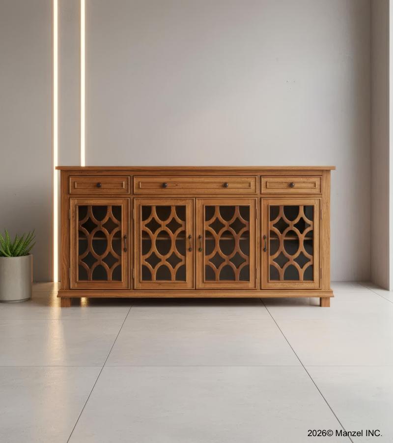 SOLID RECLAIMED TEAK WOOD & GLASS 4 DRAWER 4 DOOR SIDEBOARD MEDIA CABINET 