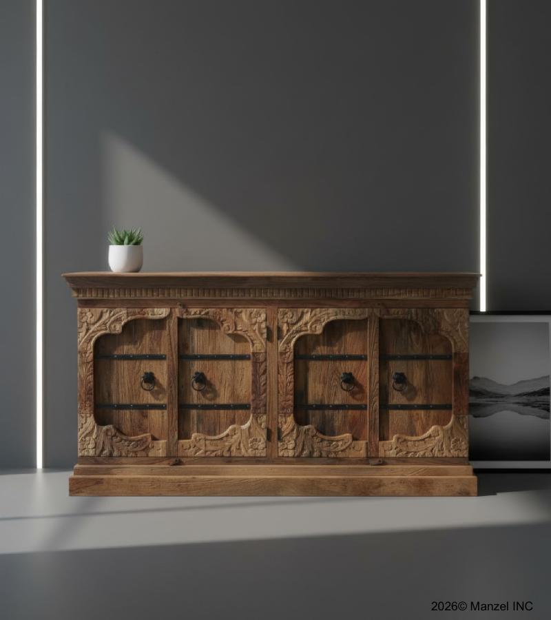HAND CARVED SOLID WOOD SIDEBOARD W/ METAL ACCENTS