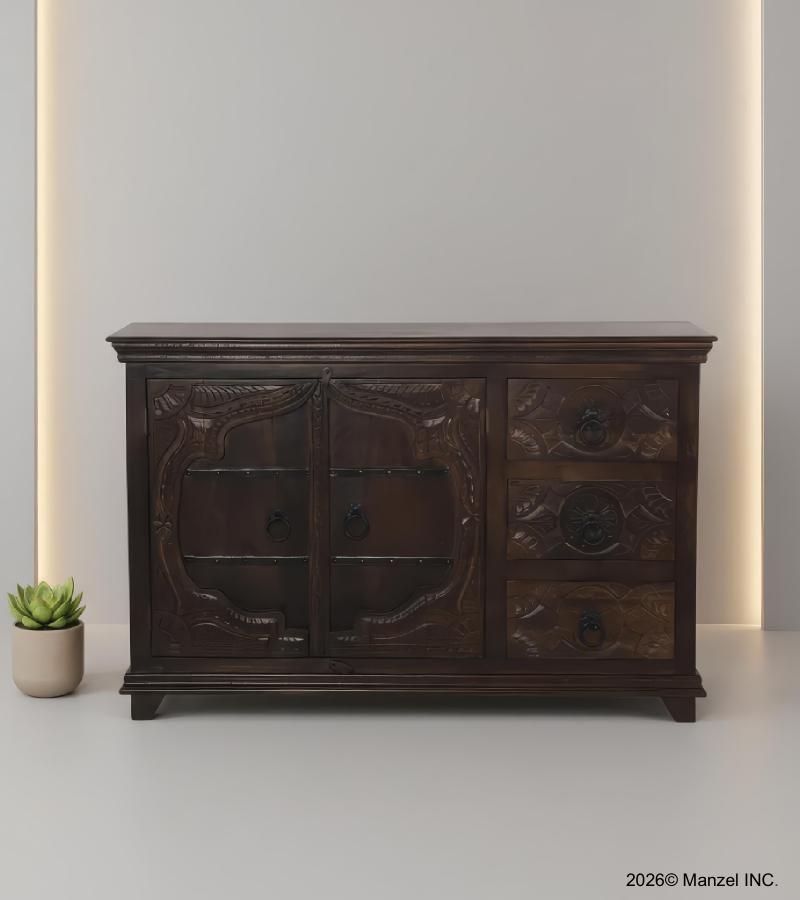 HAND CARVED SOLID WOOD 2 DOOR 3 DRAWER SIDEBOARD