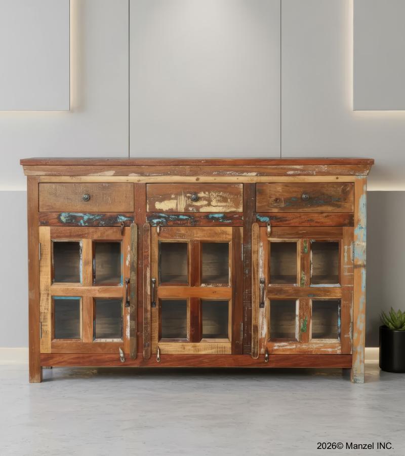 SOLID RECLAIMED TEAK WOOD & GLASS SIDEBOARD W/ 3 DOORS 3 DRAWERS