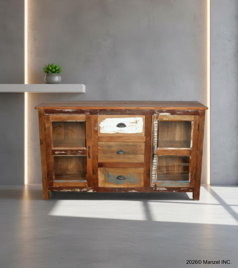 SOLID RECLAIMED TEAK WOOD & GLASS SIDEBOARD CABINET W/ 3 DRAWERS & 2 DOORS