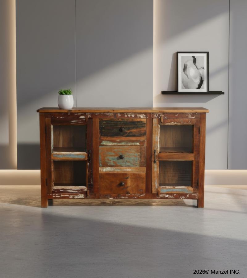 HAND CARVED SOLID RECLAIMED TEAK WOOD & GLASS SIDEBOARD