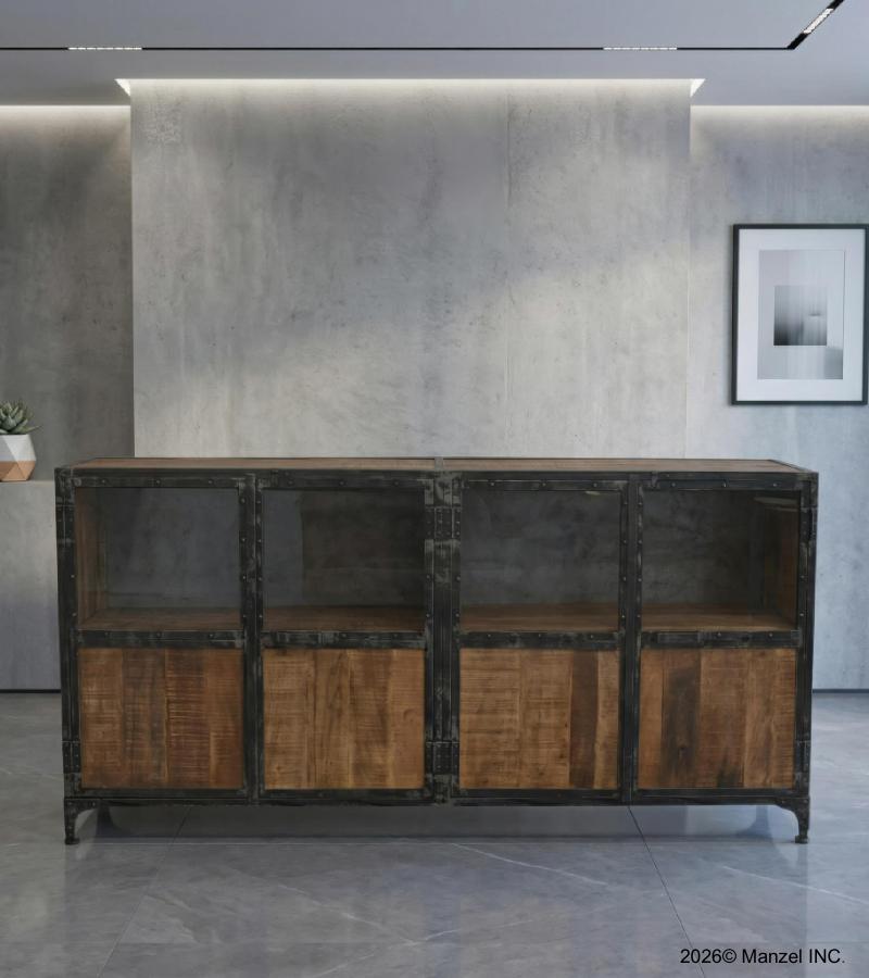 SOLID WOOD, IRON & GLASS SIDEBOARD