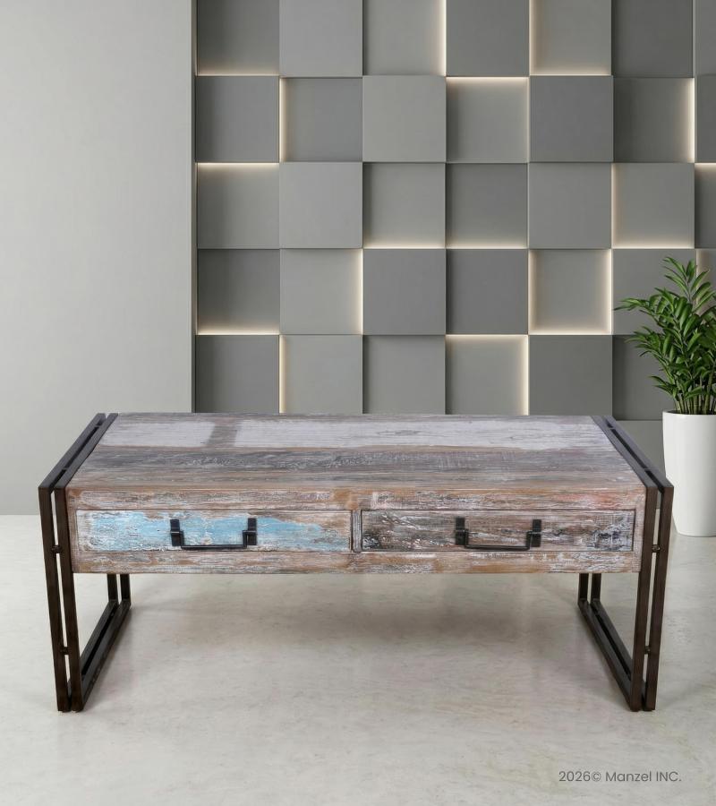 SOLID RECLAIMED TEAK WOOD & IRON COFFEE TABLE W/ DRAWERS