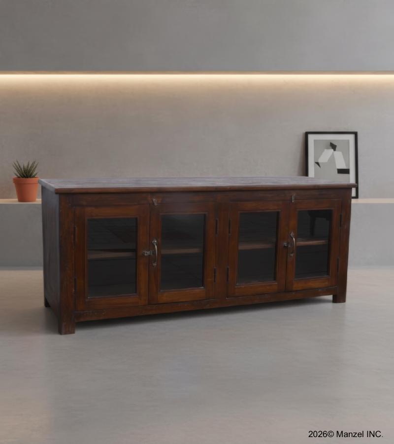 SOLID RECLAIMED TEAK & GLASS LONG & LOW CONSOLE SIDEBOARD CONSOLE