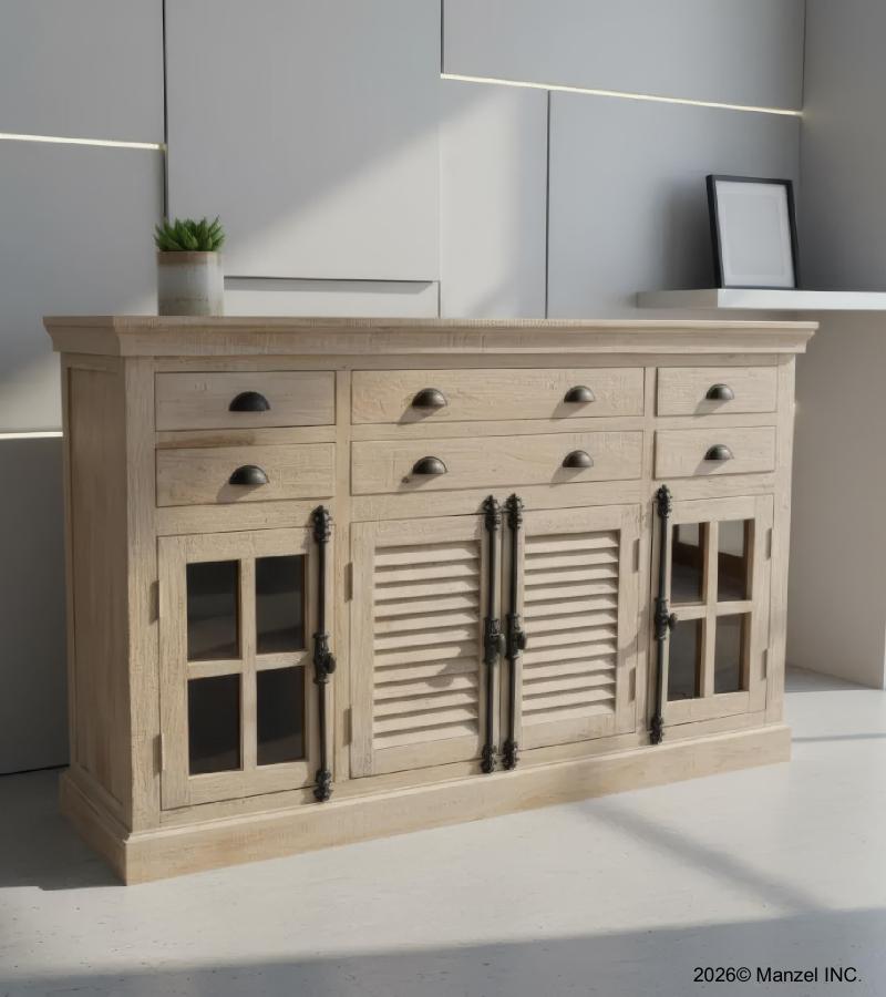 SOLID WOOD, GLASS & METAL SIDEBOARD W/ 8 DRAWERS & 4 DOORS