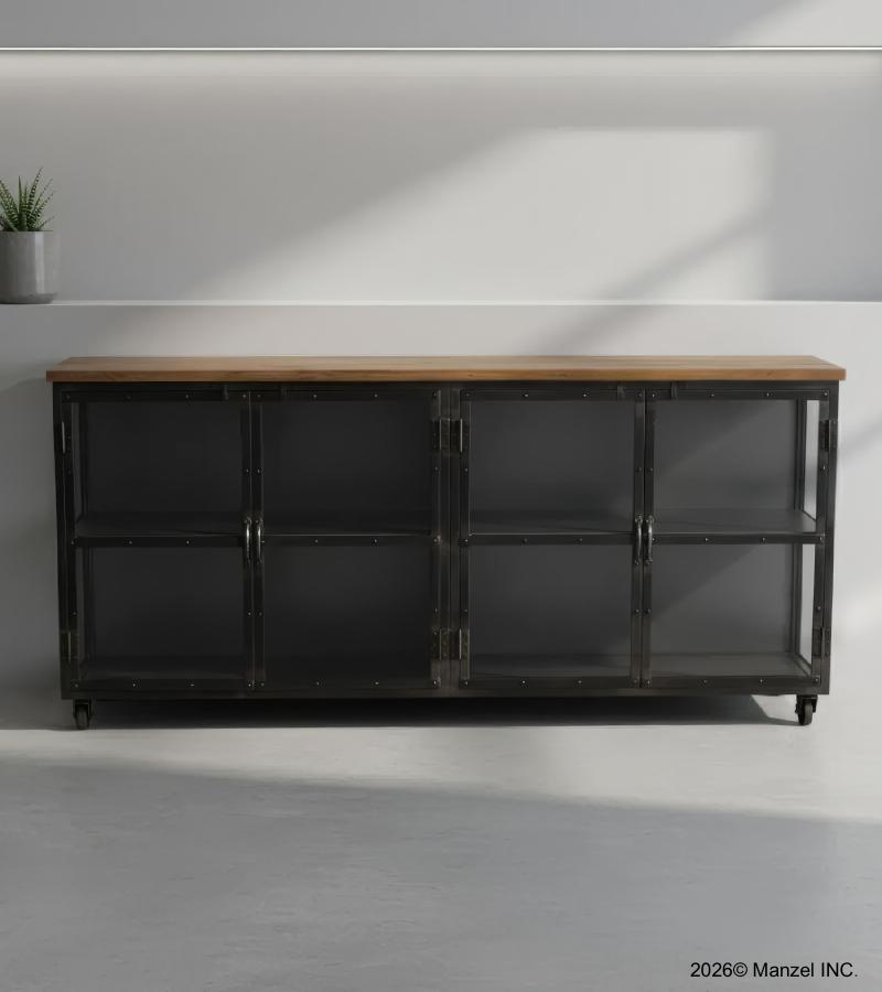 IRON & GLASS SIDEBOARD W/ SOLID WOOD TOP