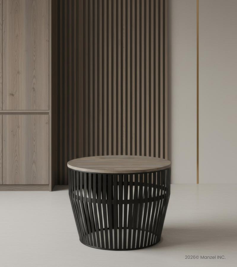 SOLID WOOD & IRON ROUND COFFEE TABLE