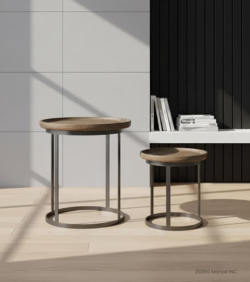 PAIR OF SOLID WOOD & IRON END TABLES