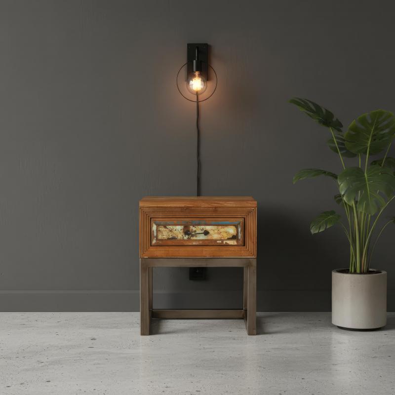 SOLID RECLAIMED TEAK WOOD & IRON NIGHTSTAND END TABLE W/ DRAWER