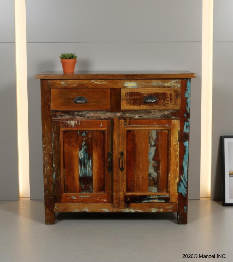 SOLID RECLAIMED TEAK WOOD CABINET W/ 2 DOORS & 2 DRAWERS