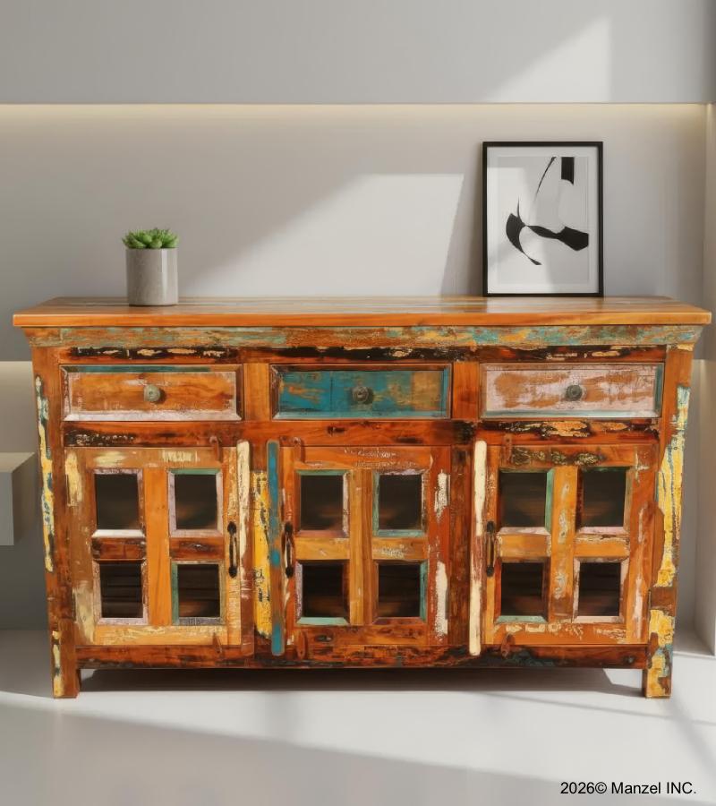 SOLID RECLAIMED TEAK & GLASS 3 DOOR, 3 DRAWER  CABINET CONSOLE SIDEBOARD