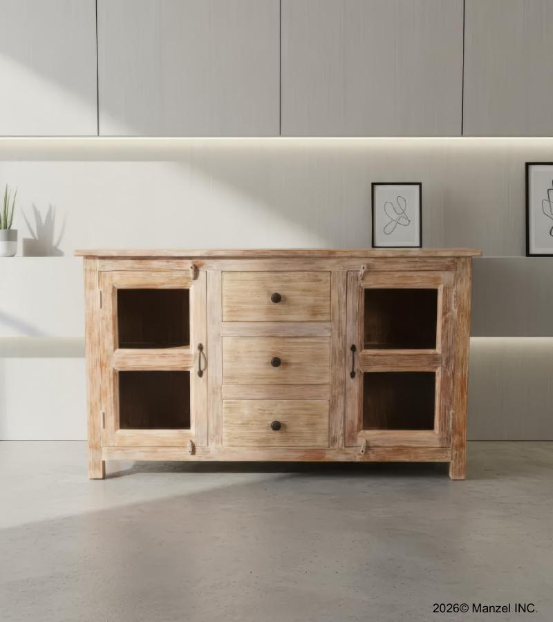 SOLID RECLAIMED TEAK & GLASS 2 DOOR, 3 DRAWER  CABINET CONSOLE SIDEBOARD CABINET