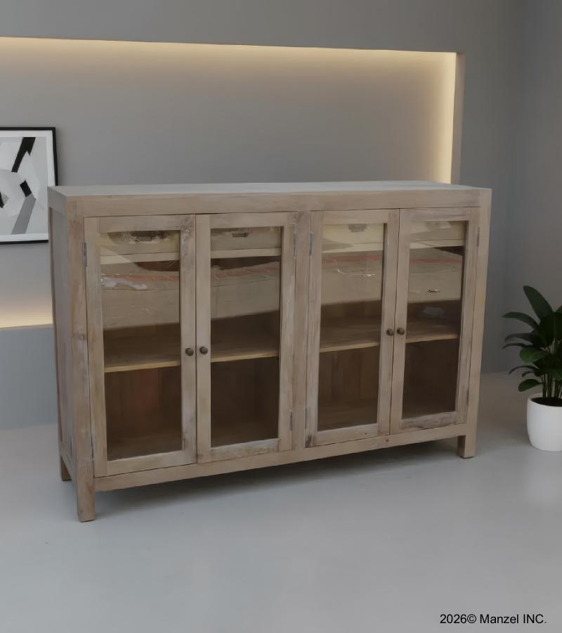 SOLID WOOD & GLASS 4 DOOR SIDEBOARD W/ DRAWERS