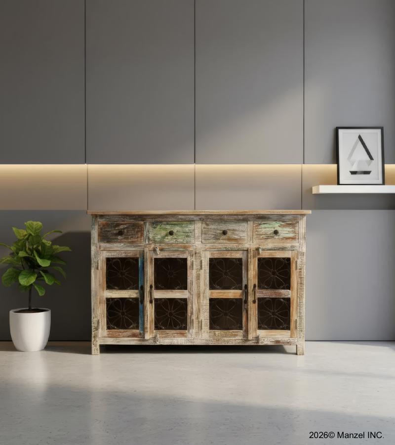 SOLID RECLAIMED TEAK WOOD SIDEBOARD W/ DECORATIVE IRON 4 DRAWERS & 4 DOORS
