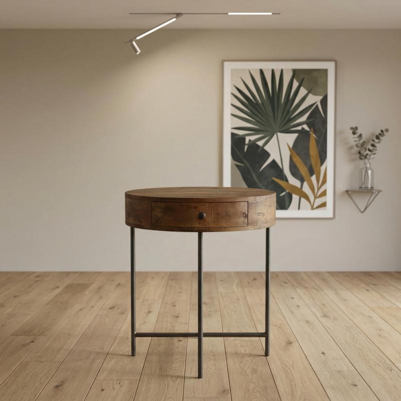 SOLID WOOD & IRON ROUND SIDE TABLE / OCCASIONAL TABLE