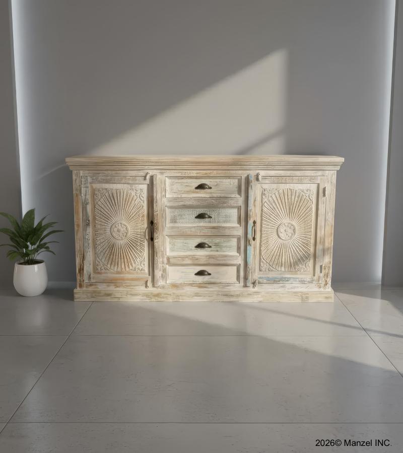 SOLID HAND CARVED RECLAIMED TEAK SIDEBOARD W/ 2 DOORS & 4 DRAWERS