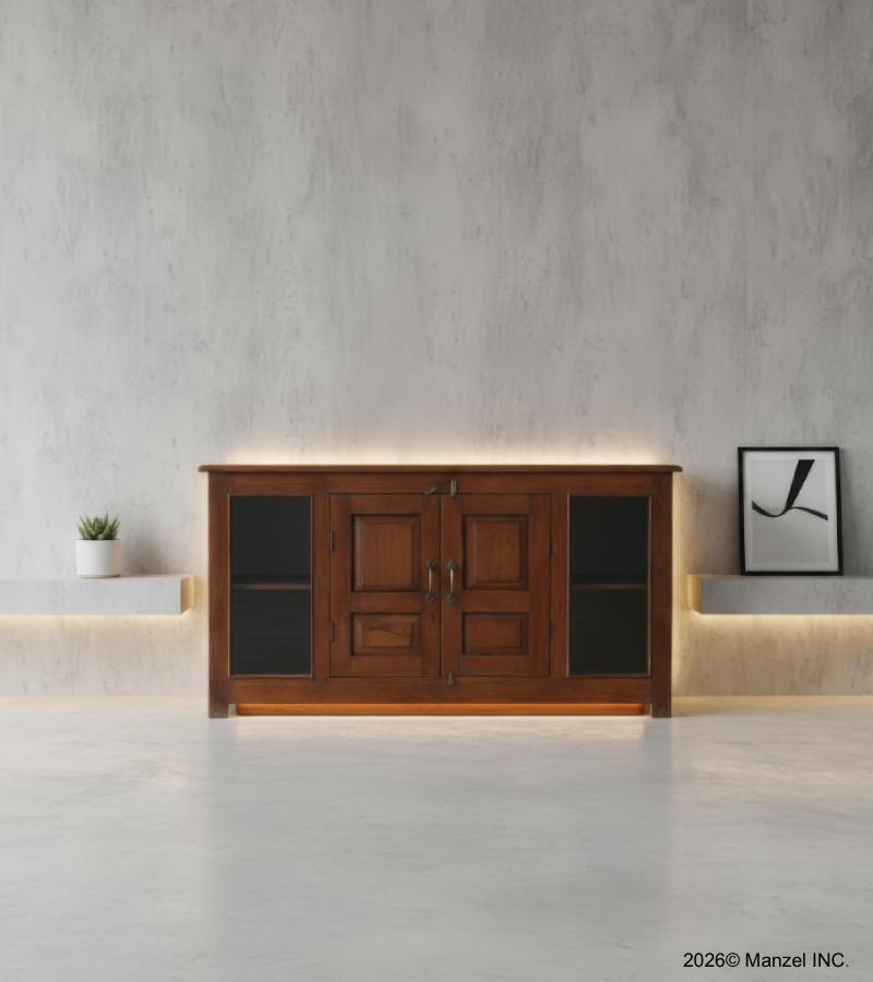 RECLAIMED TEAK & GLASS WOOD SIDEBOARD STORAGE