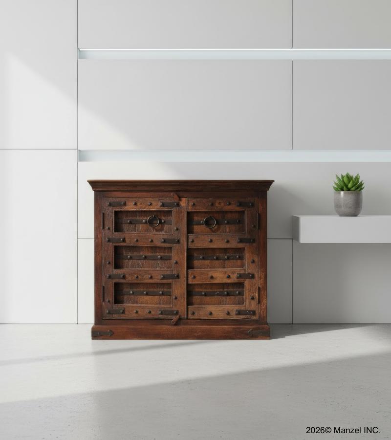 SOLID RECLAIMED TEAK 2 DOOR CABINET W/ IRON TRIM