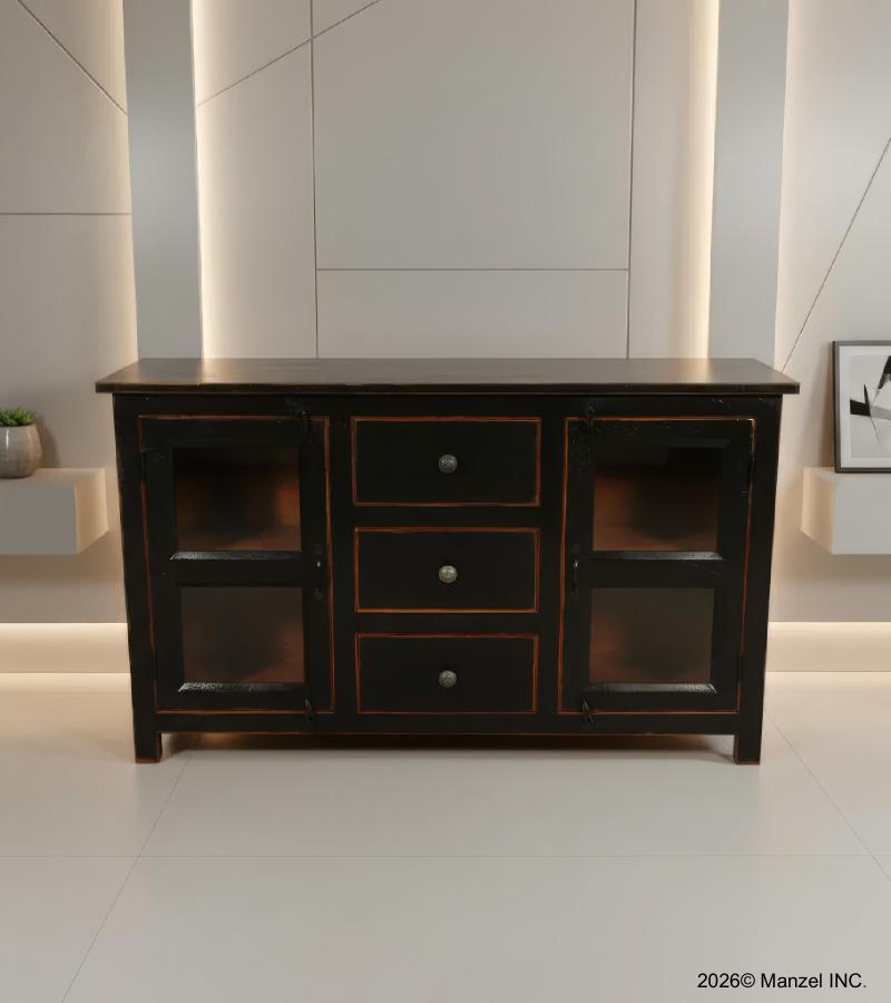 SOLID RECLAIMED TEAK & GLASS 2 DOOR, 3 DRAWER  CABINET CONSOLE SIDEBOARD