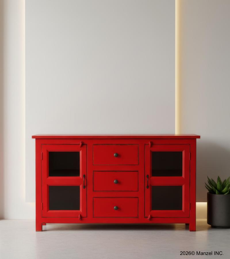 SOLID RECLAIMED TEAK & GLASS 2 DOOR, 3 DRAWER  CABINET CONSOLE SIDEBOARD