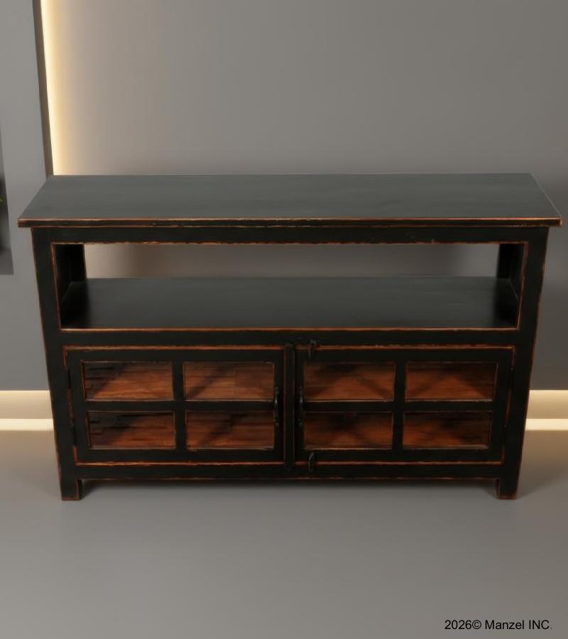 SOLID RECLAIMED TEAK & GLASS 2 DOOR CABINET CONSOLE SIDEBOARD