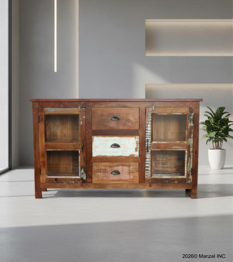 SOLID RECLAIMED TEAK WOOD & GLASS SIDEBOARD CONSOLE CABINET W/ 2 DOORS & 3 DRAWERS