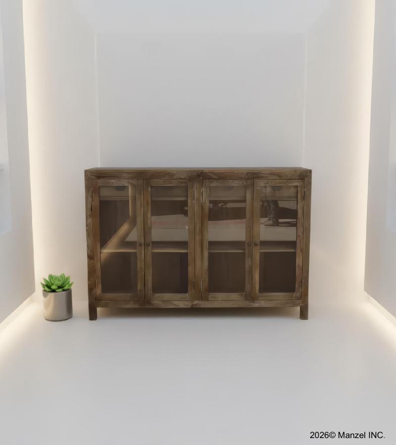 SOLID WOOD & GLASS 4 DOOR SIDEBOARD W/ DRAWERS