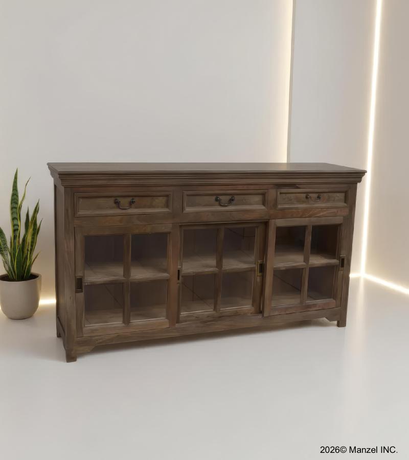 TRADITIONAL SOLID WOOD 3 DOOR SLIDERS WITH DRAWERS SIDEBOARD