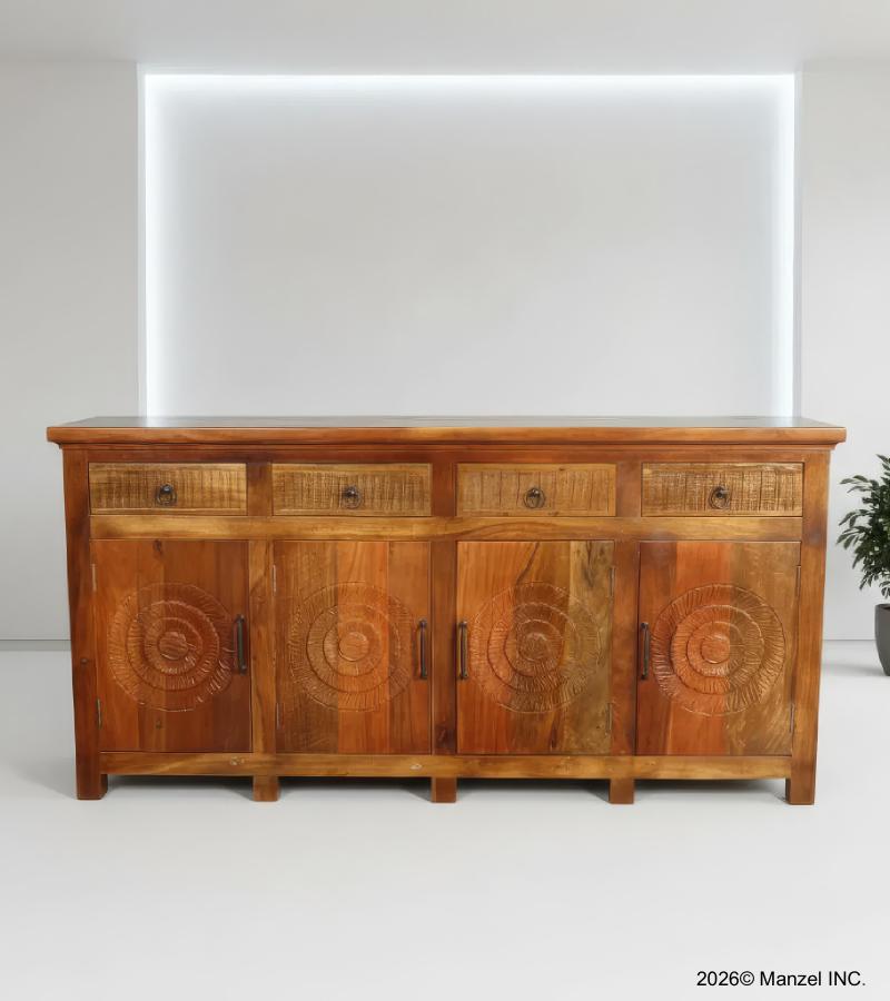 SOLID RECLAIMED HAND CARVED TEAK WOOD SIDEBOARD CABINET W/ 4 DRAWERS & 4 DOORS