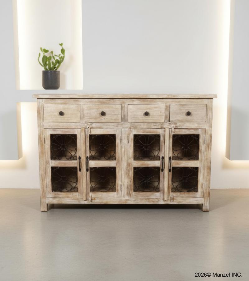 SOLID RECLAIMED TEAK WOOD SIDEBOARD W/ DECORATIVE IRON 4 DRAWERS & 4 DOORS