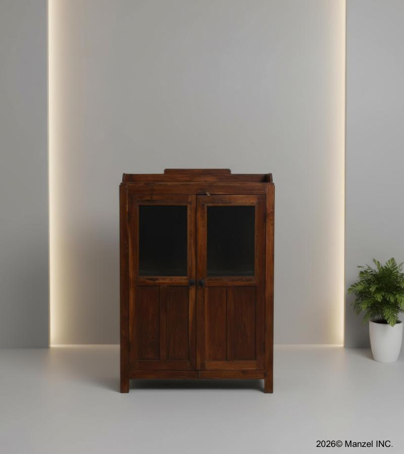 VINTAGE RECLAIMED TEAK WOOD & GLASS CABINET DISPLAY CASE