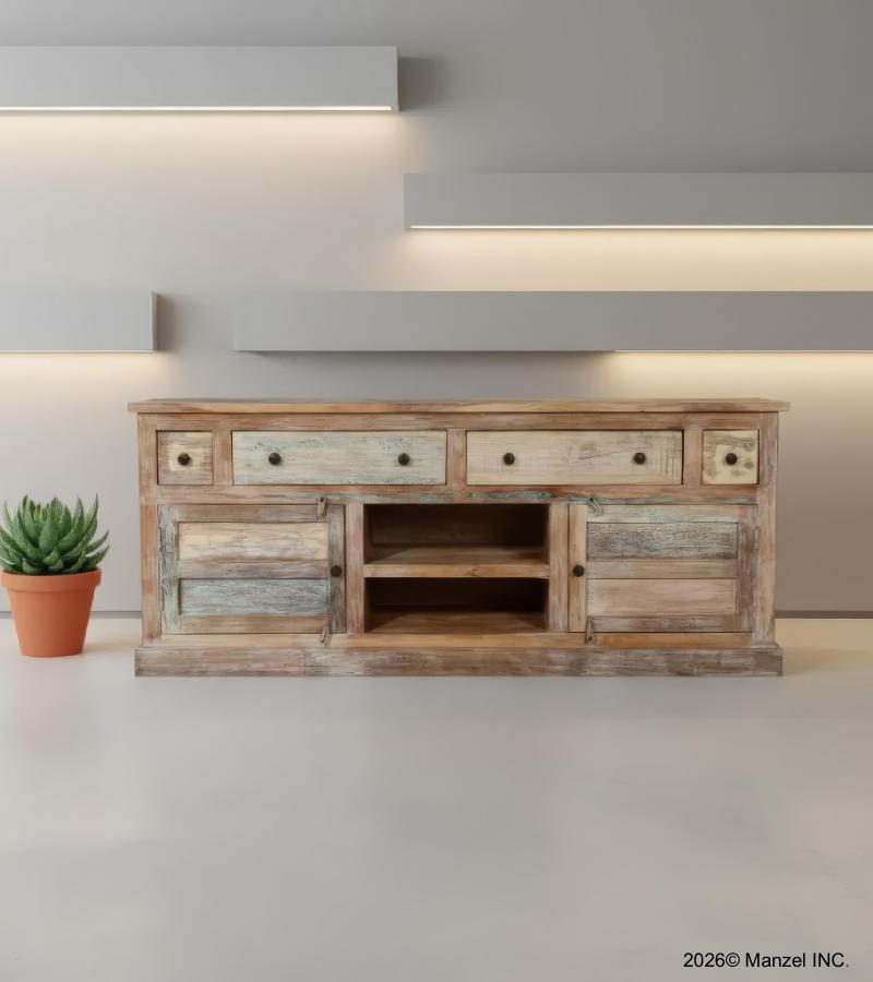 SOLID RECLAIMED TEAK WOOD MEDIA CABINET 4 DRAWERS & 2 DOORS