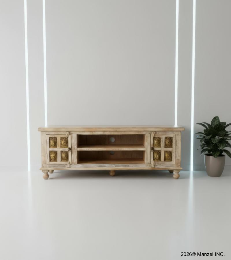 SOLID RECLAIMED TEAK W/ BRASS FITTED BUDDHA CASTINGS CABINET CONSOLE