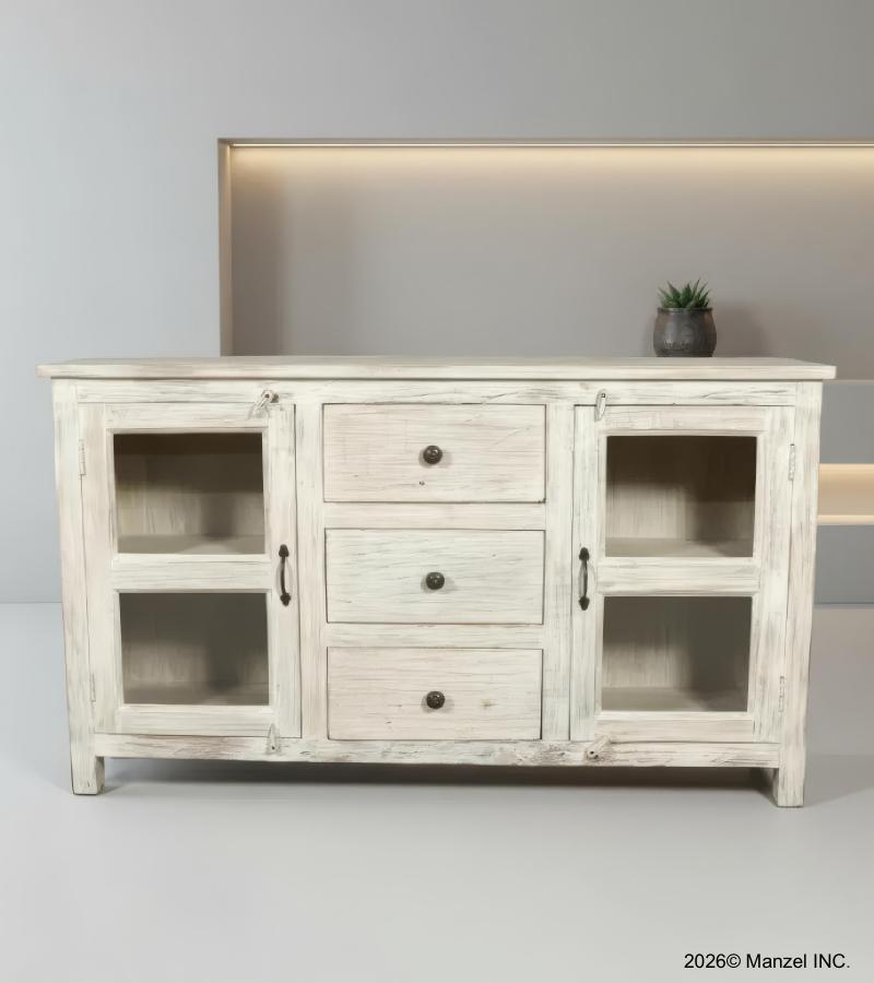 SOLID RECLAIMED TEAK WOOD & GLASS SIDEBOARD CABINET W/ 2 DOORS & 3 DRAWERS 