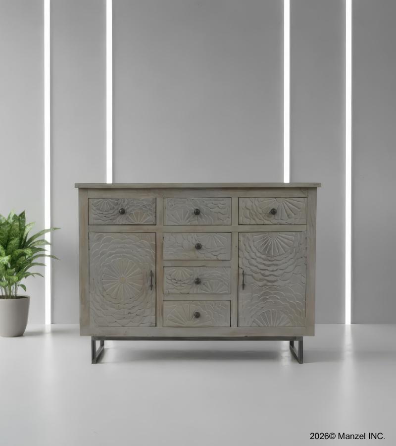 HAND CARVED SOLID WOOD 6 DRAWER & 2 DOOR SIDEBOARD