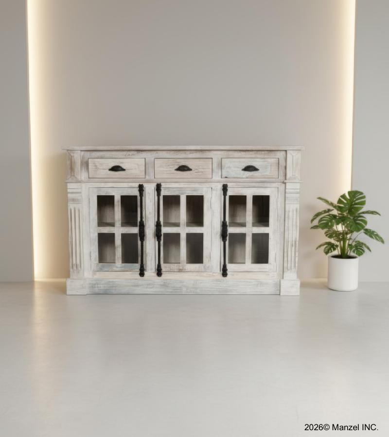 SOLID RECLAIMED TEAK WOOD, GLASS & METAL  SIDEBOARD 3 DRAWERS 3 DOORS