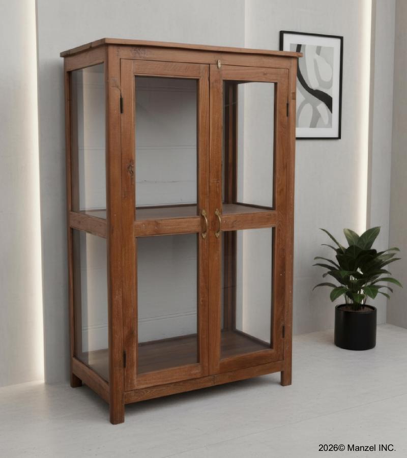 VINTAGE RECLAIMED TEAK WOOD & GLASS CABINET DISPLAY CASE