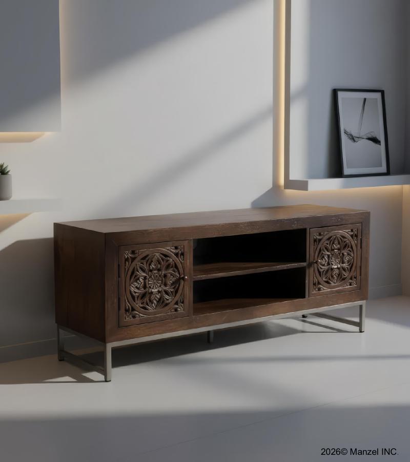HAND CARVED SOLID WOOD MEDIA CABINET W/ METAL BASE